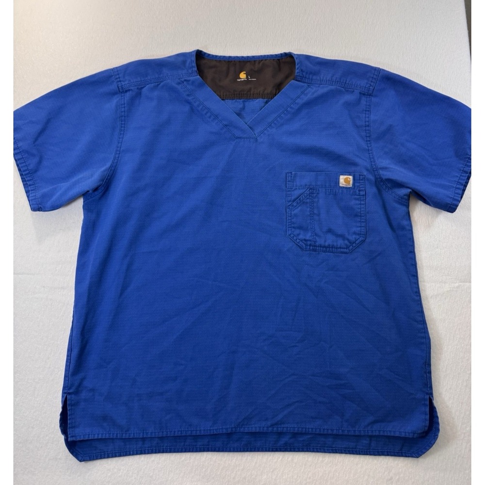 Carhartt Mens Scrub Top V-Neck Short Sleeve Large Blue Front Pocket Logo